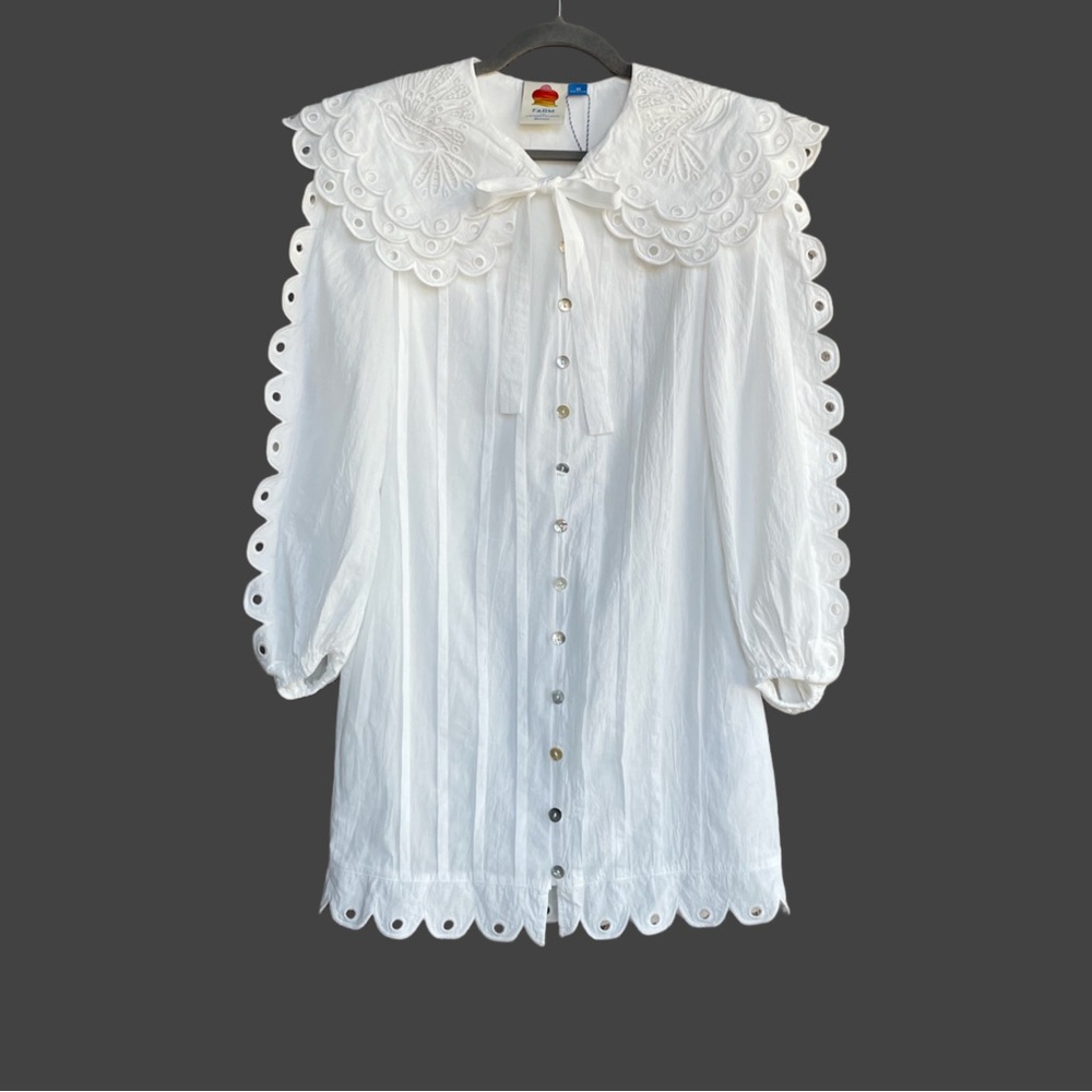 FARM RIO ANTHRO NWT White Embroidered Peter Pan Collared Long Sleeve Mini Dress - Picture 14 of 17